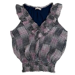 Womens Ruffle V-Neck Sleeveless  Blouse Small Purple Smocked Waist Office Casual